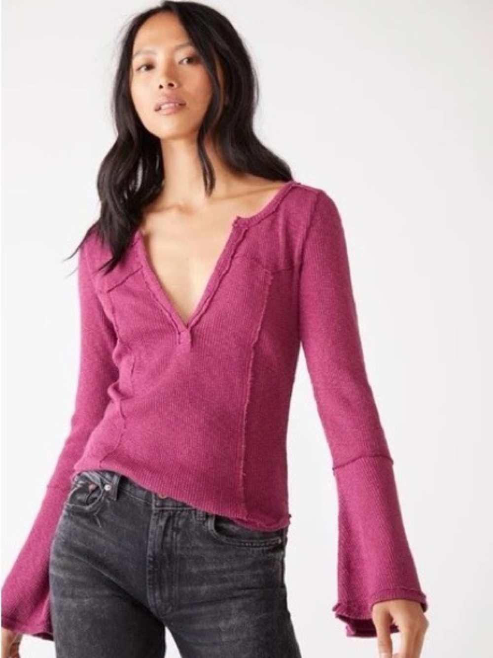 We The Free Raw-Edge Deep V Knit Top in Magenta